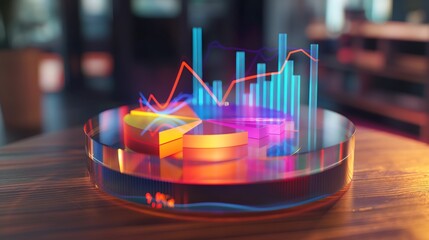 Poster - 3D holographic business analysis dashboard displaying rotating pie charts, dynamic financial bar graphs, and trend lines for growth tracking.