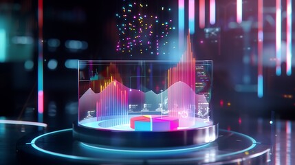 Poster - 3D holographic business analysis dashboard displaying rotating pie charts, dynamic financial bar graphs, and trend lines for growth tracking.