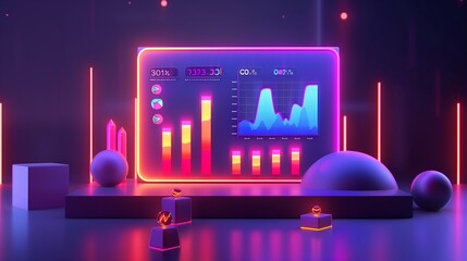 Poster - 3D model of a digital dashboard with glowing bar graphs, line charts, and interactive data points visualizing business KPIs.
