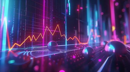 Poster - Abstract 3D business data visualization of profit and loss trends with animated spheres and glowing lines representing real-time data analysis.