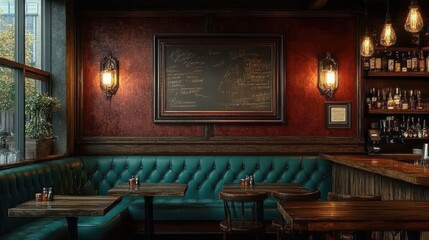 Poster - Blank Picture Frame on Textured Wooden Wall of Cozy Vintage Pub