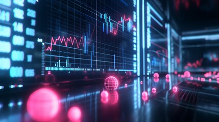 Poster - Abstract 3D business data visualization of profit and loss trends with animated spheres and glowing lines representing real-time data analysis.