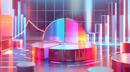 Poster - Futuristic 3D business data visualization showcasing pie charts, bar graphs, and financial growth with a holographic effect.