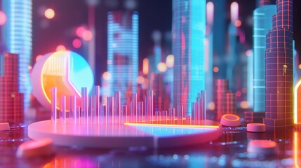 Poster - Futuristic 3D business data visualization showcasing pie charts, bar graphs, and financial growth with a holographic effect.