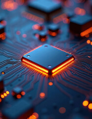 Fototapete - Advanced tech chip on circuit board glows with orange light. Intricate patterns show tech innovation. Modern microchip shines. Detailed close-up view. Circuit board dark blue, copper. Light glows on