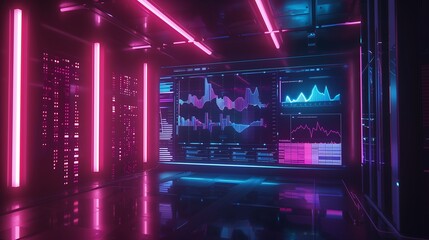 Poster - Futuristic 3D display of business financial data with holographic charts, interactive data bars, and animated growth projections.