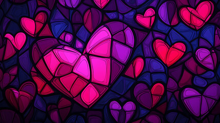 Wall Mural - Panoramic neon heart background with geometric tessellation. Tessellation. Illustration