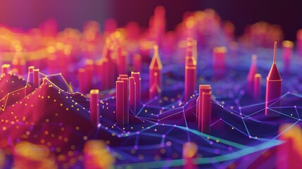 Poster - Interactive 3D representation of business performance metrics, with floating data points and animated lines connecting various data nodes.
