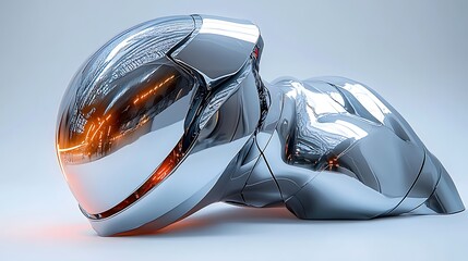 Futuristic chrome robot head, sleek design, orange lights.