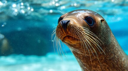 Poster - A curious seal glides gracefully beneath the surface, showcasing its unique features and captivating eyes. Bubbles dance around as sunlight filters through the water, creating a tranquil atmosphere