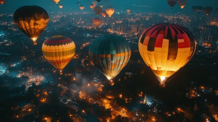 Wall Mural - Floating countdown party in large, decorated hot air balloons, guests enjoying aerial views of glowing city lights and illuminated landscapes