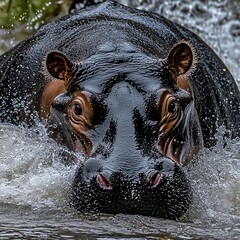 a clean white-style image of a photorealistic image of a hippopotamus submerged in a river.