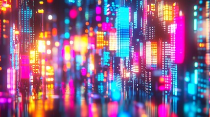 Aufkleber - Vibrant neon city lights at night, abstract digital cityscape.