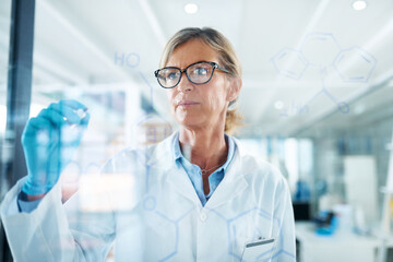 Poster - Woman, scientist and formula on glass wall at laboratory for planning, strategy and ideas on medical research. Mature person, scientific study and investigation with notes for clinical or drug trial