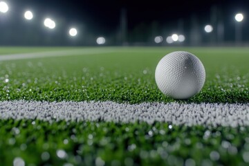 Poster - White hockey ball on green turf at night.