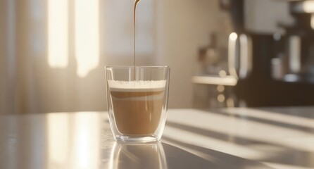 Poster - Coffee pouring into glass on kitchen counter in sunlight.