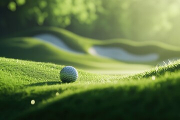 Poster - Golf ball resting on a verdant putting green, bathed in sunlight.
