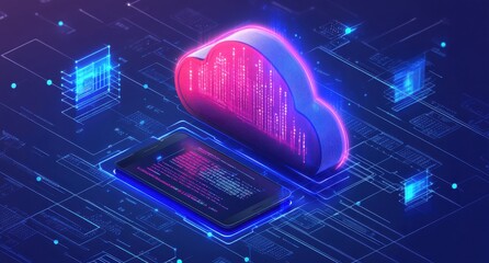 Poster - 3D Representation of Cloud Computing with Abstract Neon Shapes and Digital Data Transfer Between Cloud and Smartphone Set Against Dark Background