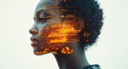 Poster - A Profile Portrait of a Woman with a Futuristic Digital Overlay Representing Technology, Innovation, and Connectivity in a Creative Artistic Style
