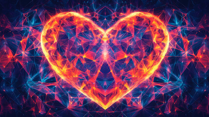 Wall Mural - Abstract glowing neon heart pattern with geometric tessellation background. Tessellation. Illustration