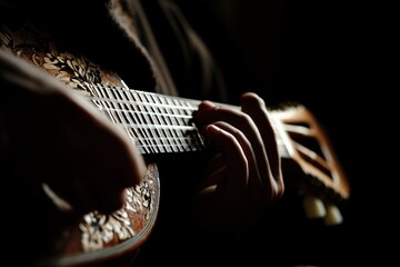 Poster - Close-up of hands playing an intricately carved acoustic guitar in low light.