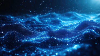 Poster - Abstract Digital Ocean Waves with Glowing Blue Particles Representing Underwater Light Reflections and Mystical Seascape Texture in a Dark Environment