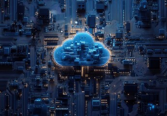 Poster - Abstract representation of cloud computing technology over a digital circuit background, showcasing modern network architecture and data management solutions, illuminated with blue hues.