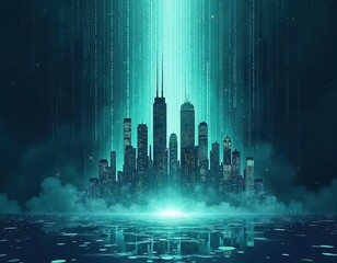 Poster - Digital cityscape reflects tech innovation. Futuristic city glows with binary code cascading. Calm water mirrors lights of city. Abstract illustration showcases modern tech themes in tranquil scene.