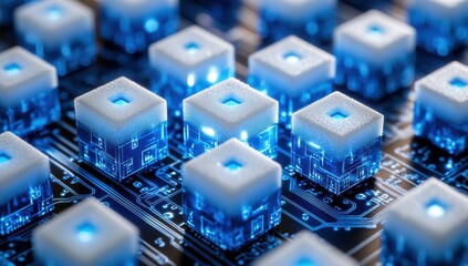 Aufkleber - Abstract representation of futuristic digital technology, showcasing glowing blue cubes with intricate circuit patterns on a dark background, symbolizing connectivity and innovation.