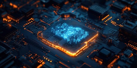 Poster - Aerial View of a Modern Computer Chip Surrounded by Bright Digital Circuits and Neon Lights Representing Technology, Data, and Innovation in a Futuristic Setting