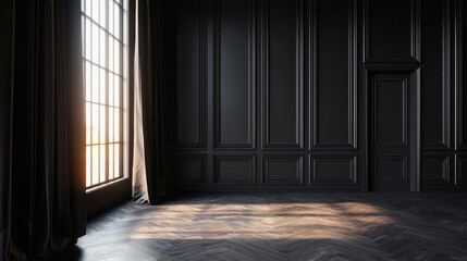 Poster - minimalistic room featuring sleek black paneling, large windows, and elegant curtains, creating serene atmosphere