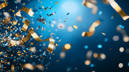 Poster - A vibrant celebration scene featuring sparkling confetti and swirling ribbons against a bright blue background, evoking joy and festivity