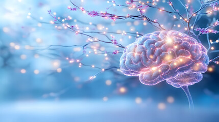 Poster - A glowing brain intertwined with delicate branches and lights, symbolizing creativity and neural connections in a serene, dreamy atmosphere