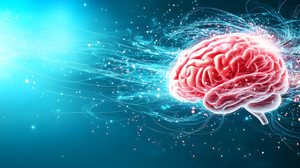 Aufkleber - A digital illustration of a glowing human brain surrounded by dynamic particles, symbolizing intelligence, creativity, and mental processes