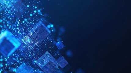 Poster - Abstract blue digital technology background with glowing particles and squares.