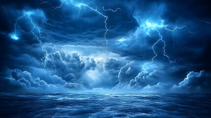 Poster - A dramatic ocean scene with dark clouds, lightning, and a moody blue atmosphere, capturing the power of nature