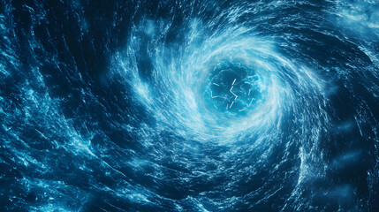Poster - A swirling vortex of luminous blue water, creating an impression of depth and movement, reminiscent of cosmic or oceanic phenomena