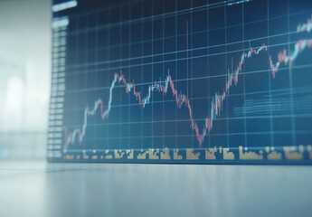 Poster - Close-Up of a Digital Trading Chart with Fluctuating Graph Lines Displaying Market Trends and Financial Analysis in a Modern Office Environment