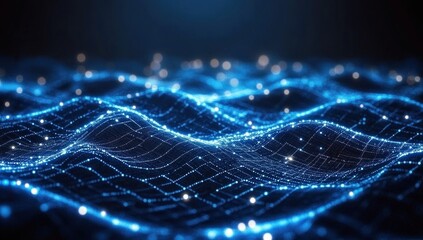 Poster - Abstract blue digital wave background with glowing particles and lines.