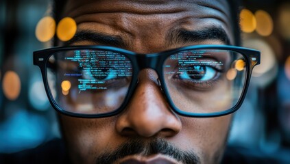 Aufkleber - Close-Up Portrait of a Young Man Wearing Glasses with Reflections of Computer Code, Signifying Technology, Innovation, and the Digital Age in a Blurred Background