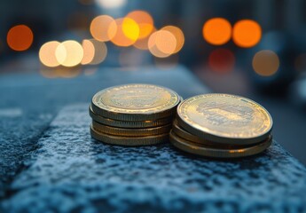 Poster - Close-Up View of Stacked Coins with Soft Bokeh Background Creating a Glowing Effect, Symbolizing Wealth and Financial Success in an Urban Environment