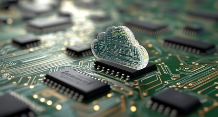Poster - Cloud Computing Concept with Circuit Board Background Featuring a Transparent Cloud Symbol Representing Digital Data Storage and Technology Advancement