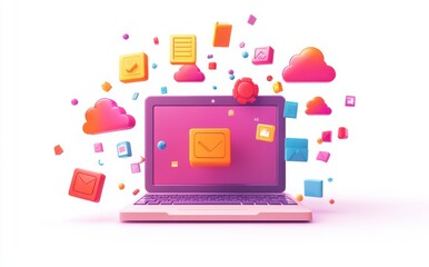 Poster - Colorful Digital Workspace with Laptop Surrounded by Cloud Icons, Email Symbols, and Various Digital Objects Representing Modern Technology and Communication