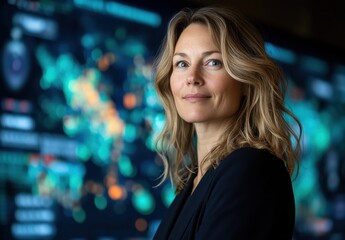 Aufkleber - Confident Business Woman Standing Before Dynamic Data Visualization in a Modern Office Setting, Representing Data Analysis, Technology, and Leadership in the Corporate World