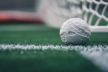 Poster - Knitted ball near lacrosse goal on field.