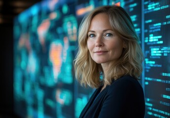Poster - Confident Businesswoman in Modern Office Setting with Digital Data Background, Engaged in Technology and Innovation, Ready to Lead and Inspire Future Projects