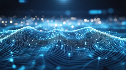 Poster - Abstract blue digital wave, glowing particles forming a network mesh.
