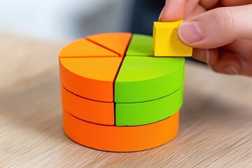 Aufkleber - Hand placing a yellow piece onto a colorful wooden pie chart.