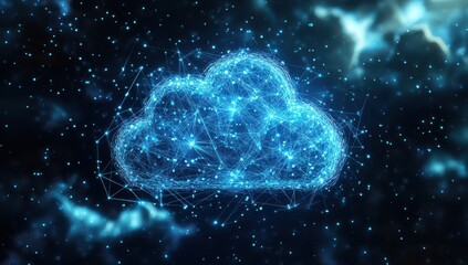 Poster - Digital Cloud Computing Concept Represented by Futuristic 3D Rendering with Glowing Nodes and Network Connections Against Dark Starry Background