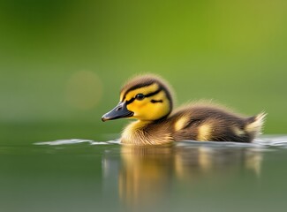 Poster - Cute mallard duckling swimming in calm water.